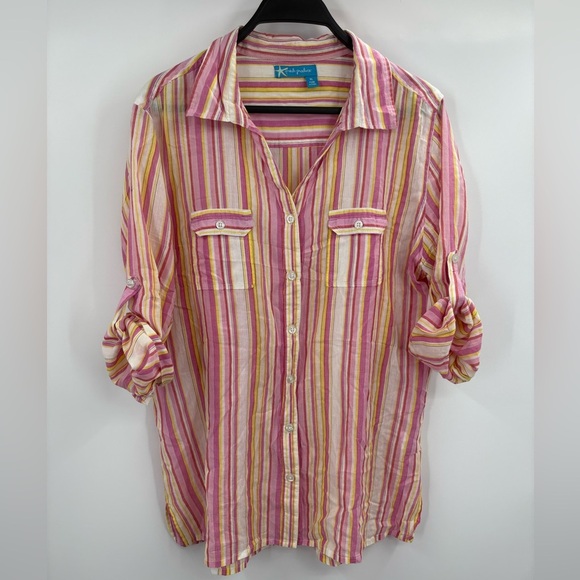 Fresh Produce Shirt Womens Multicolor Stripe Button Up Cotton Tab Sleeve Xl - Picture 7 of 15